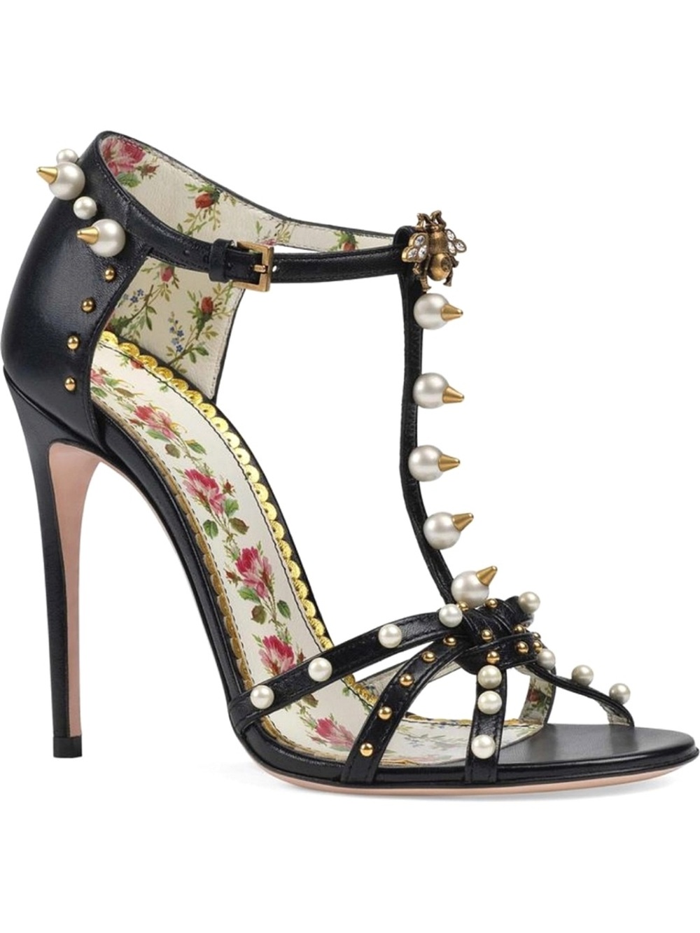 🐝 Gucci T-strap Black Leather Pearl-Stud Floral Insole Heels 💚♥️💚